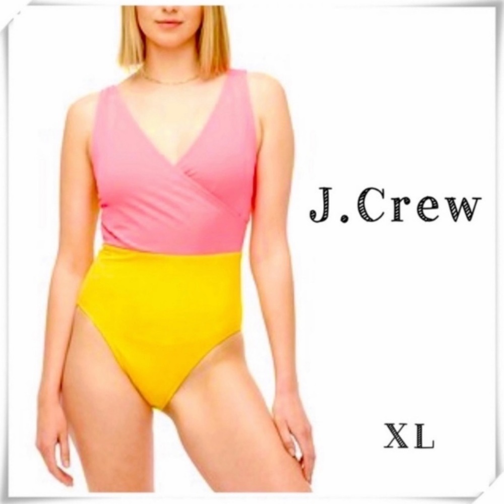 J.CREW Colorblock V-Cut Front One-piece Swimsuit Hot Pink, Yellow Size XL #AY521